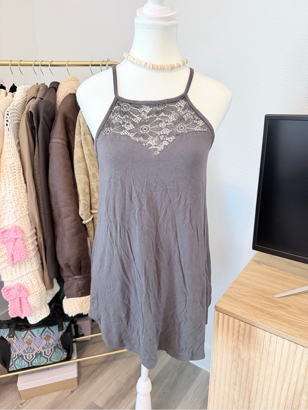 Zenana Outfitters Gray Lace Yoke Cami